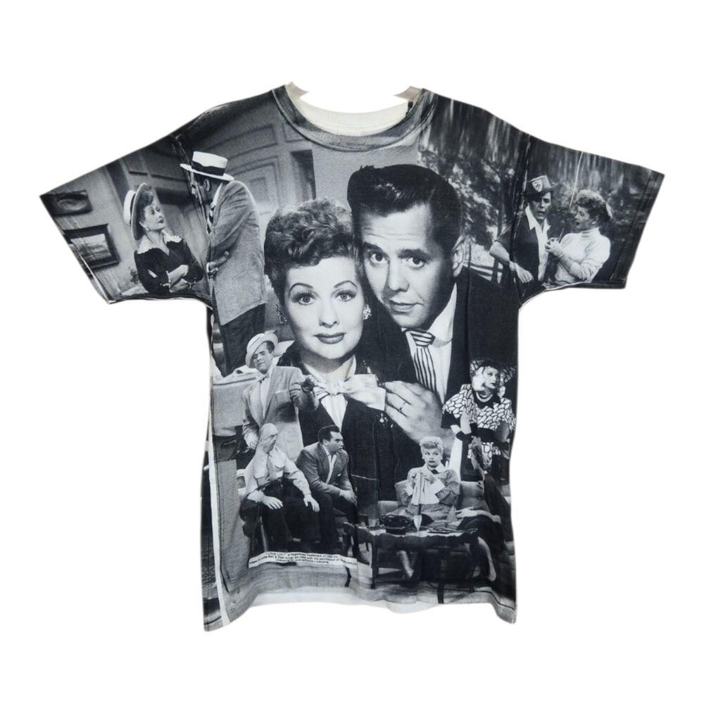 Vtg 90s I Love Lucy Shirt Men LARGE Allover Print Black White Rare TV Show Fan